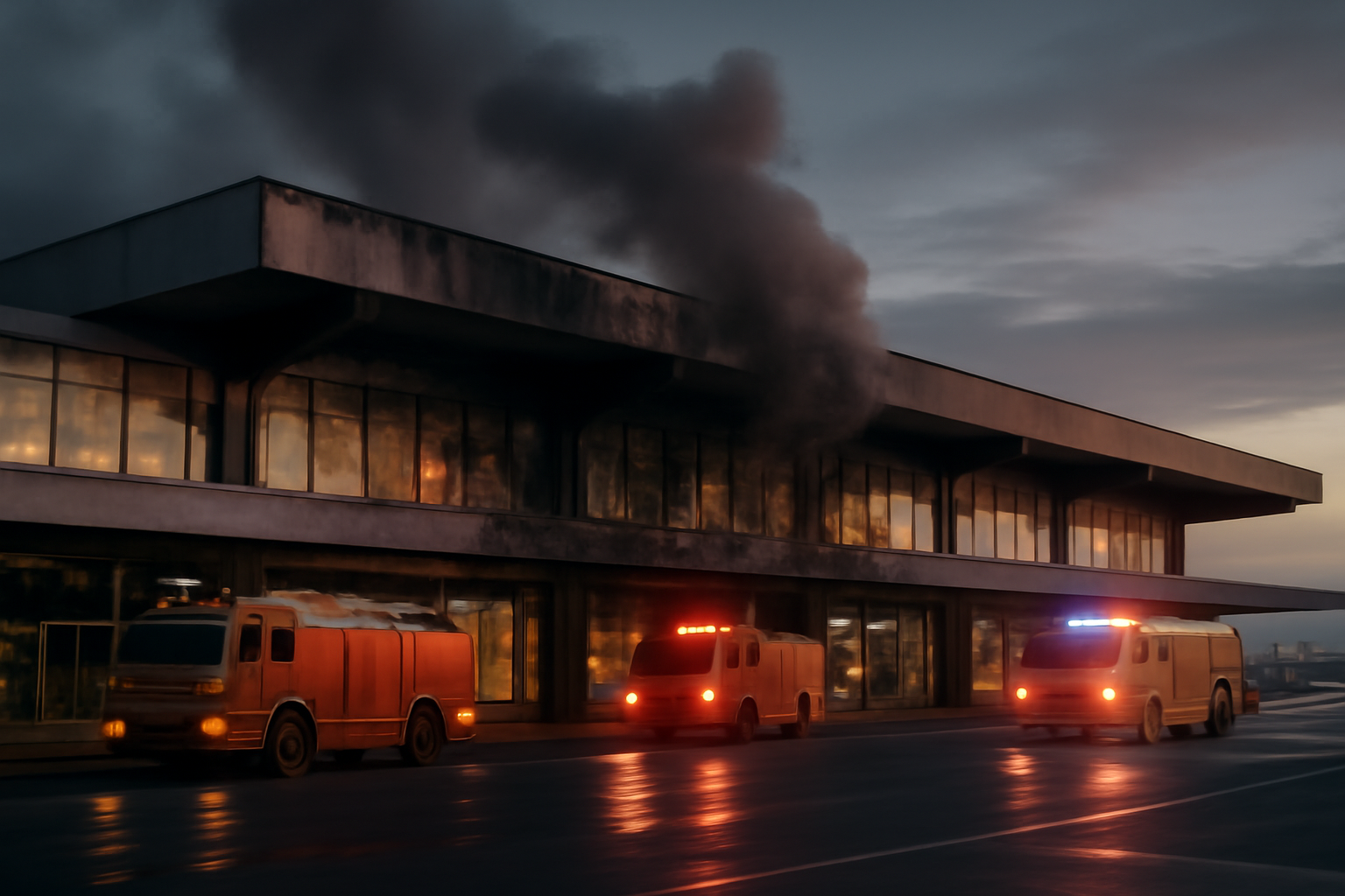Smoke rising near an airport terminal building under a clear daytime sky