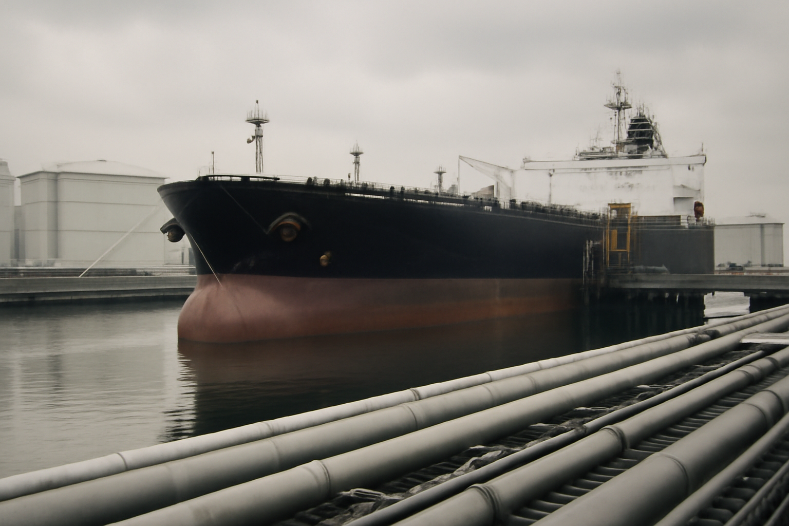 Oil tanker loading diesel fuel at an industrial port terminal under overcast sky