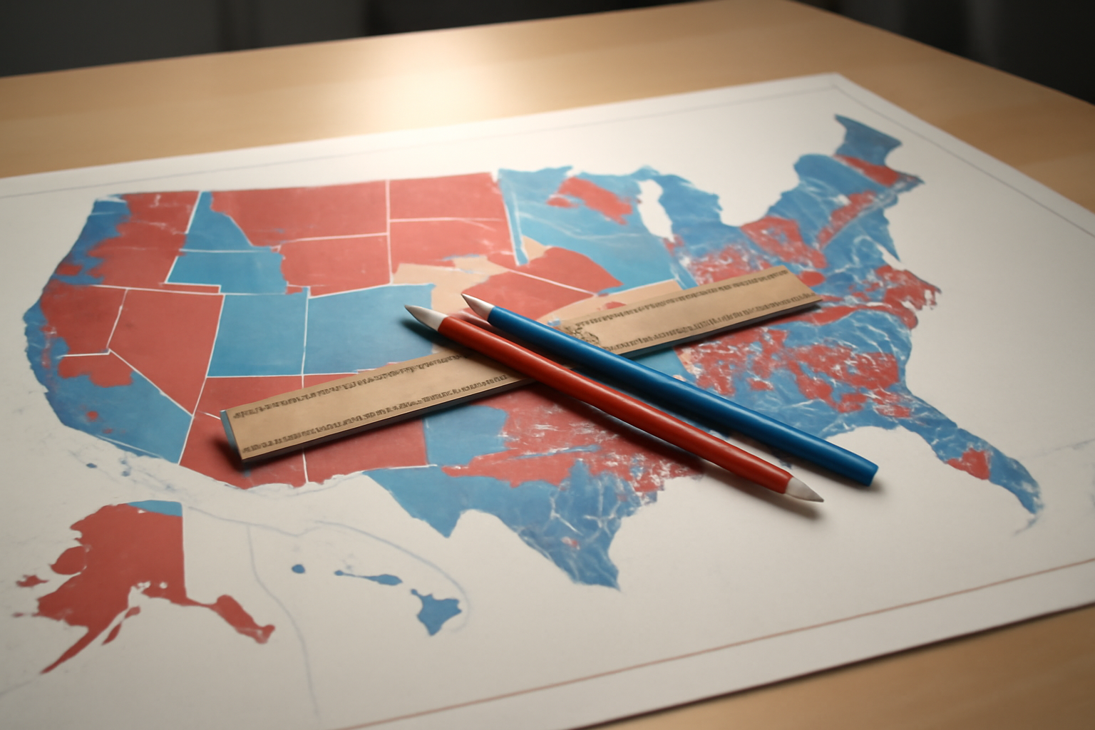 A congressional district map being redrawn with colored boundary lines over a United States outline
