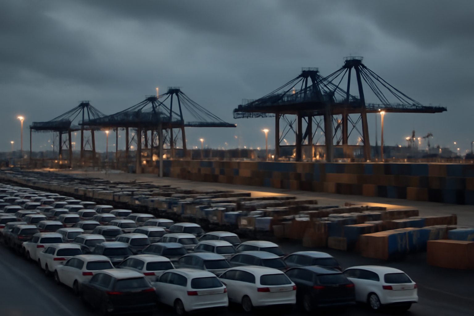 Cargo ships loaded with vehicles docked at a European shipping terminal under overcast sky