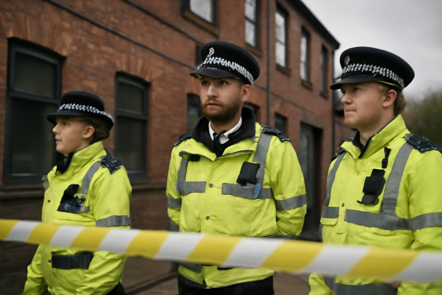Police tape and officers outside a security cordon in Manchester, England