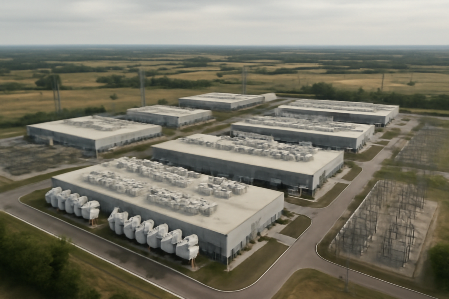 Aerial view of a large data center complex with cooling units and transmission lines