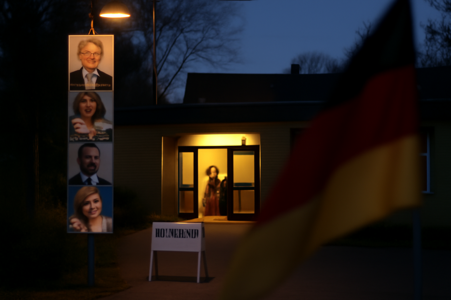 Campaign posters for Germany's Left party and the AfD displayed side by side near a polling station.