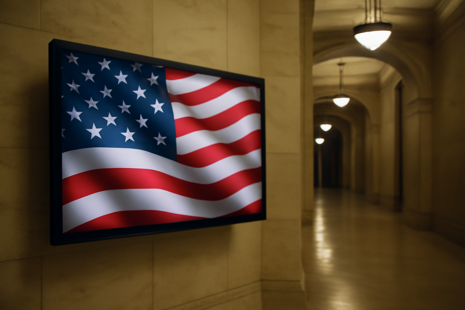 Television displaying a political advertisement inside a government building hallway