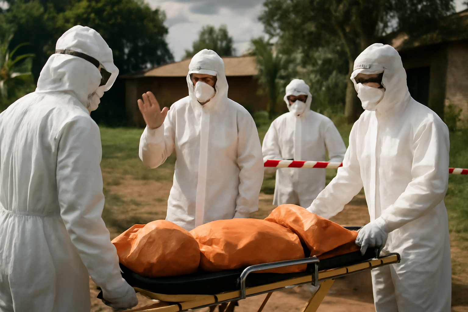 Health workers in protective suits conduct an Ebola response training session outdoors in Kenya