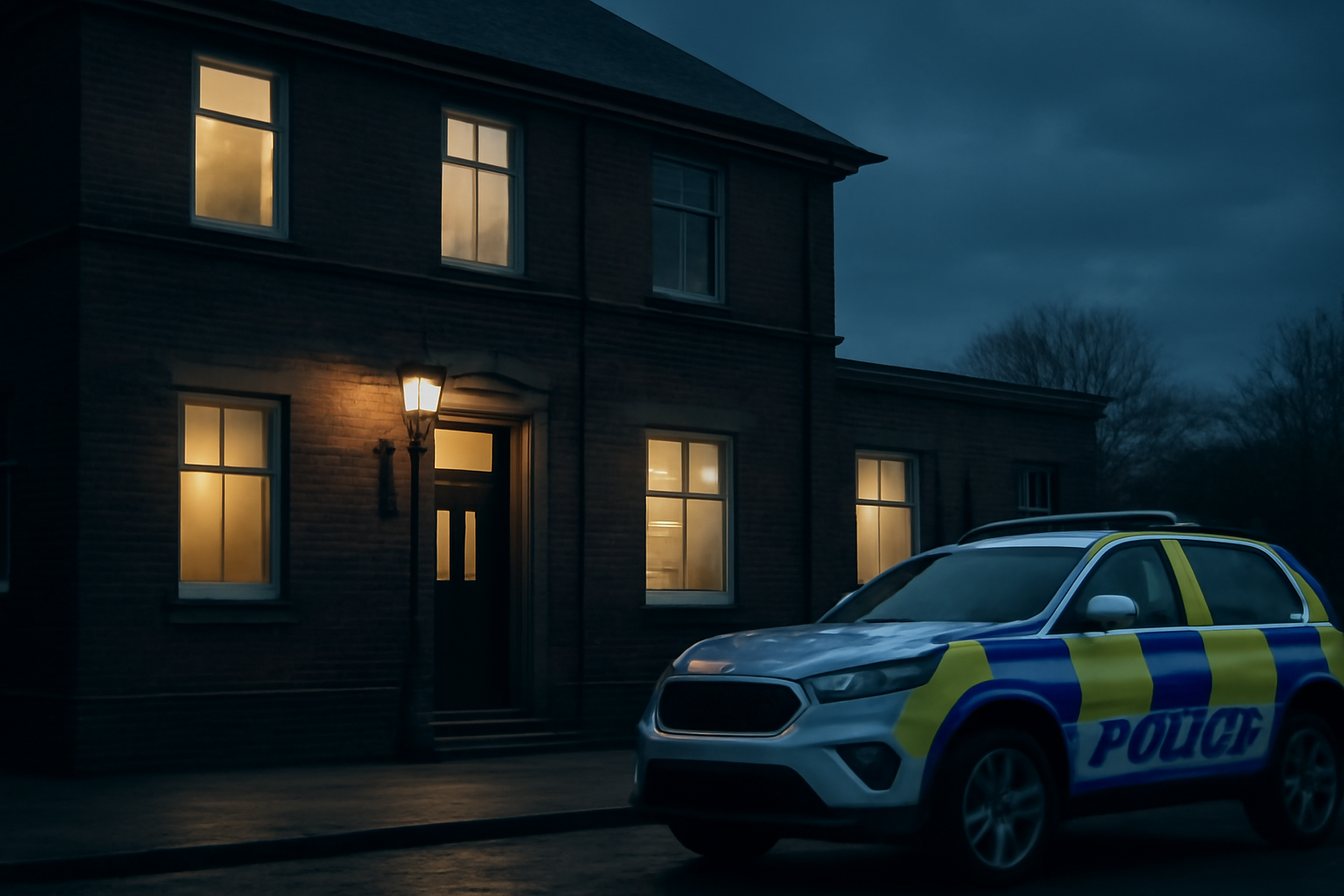 Exterior view of a UK police station entrance with a parked police vehicle
