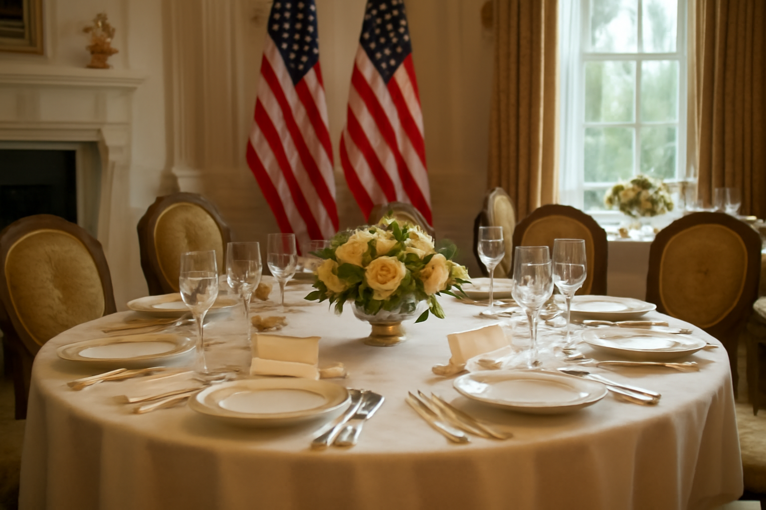Row of business leaders seated at a formal White House lunch table with the American flag in the background