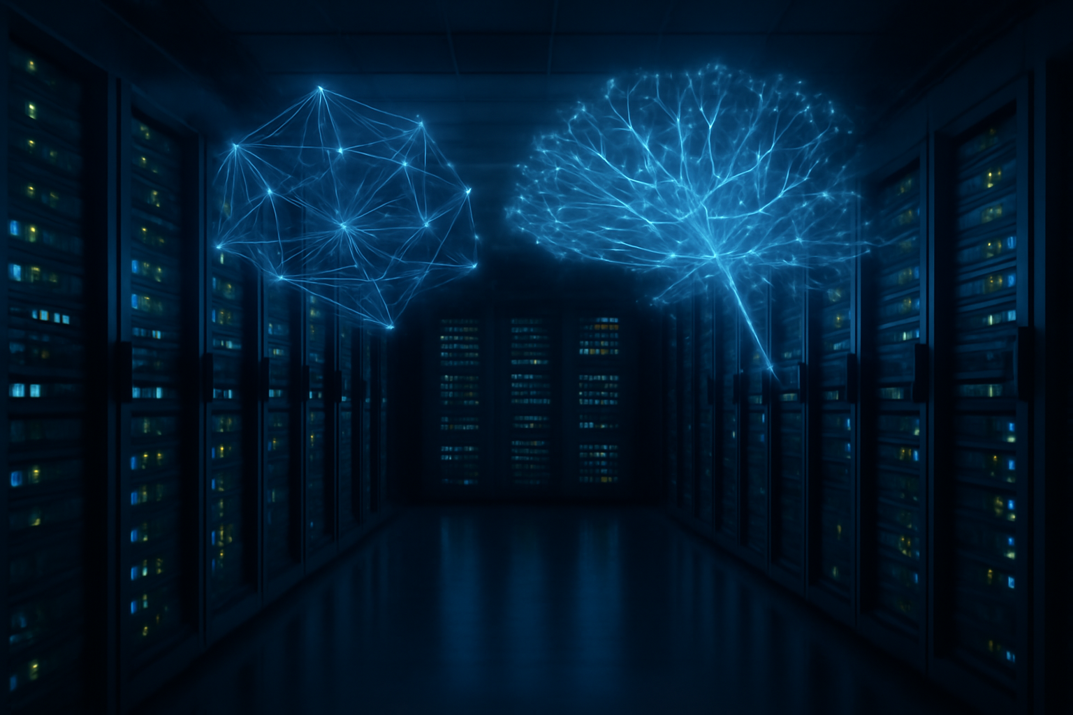 A darkened server room with glowing blue network diagrams projected above rows of computer racks