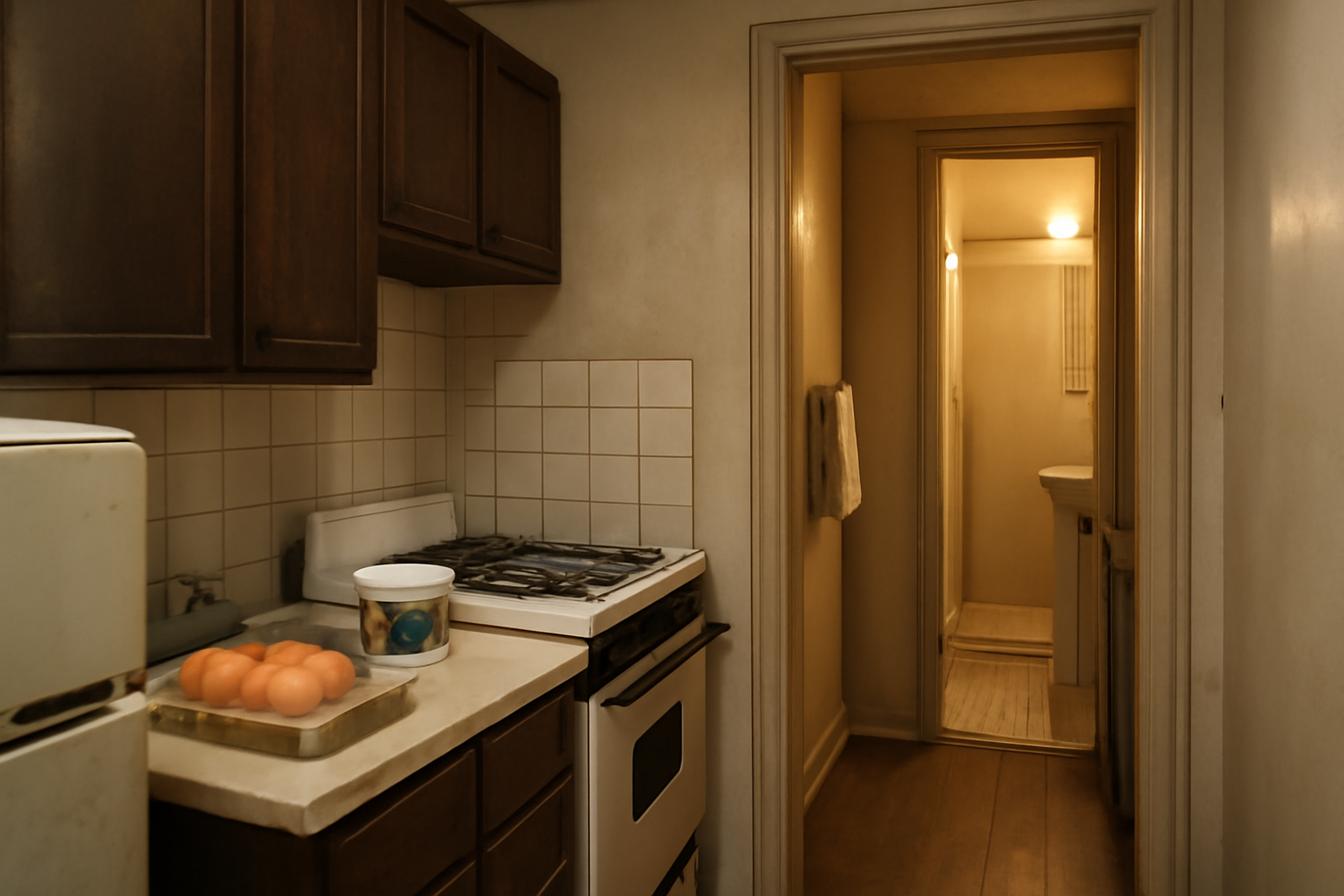 A small, dimly lit New York City apartment with raw eggs and a container of cottage cheese on a kitchen counter near a shower stall