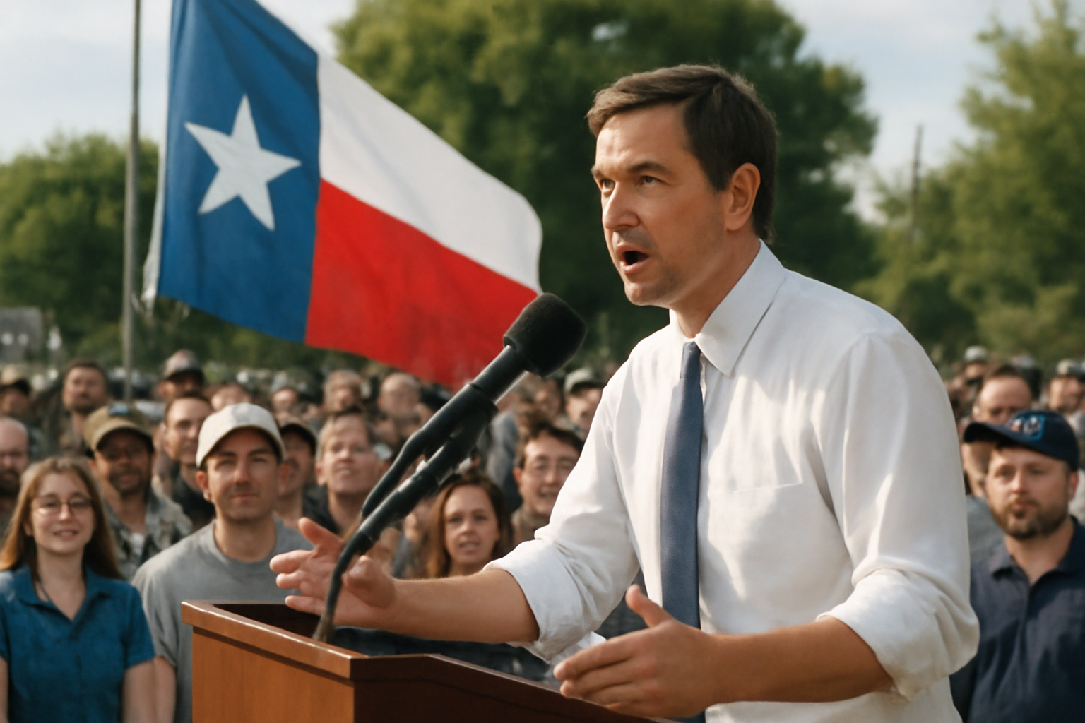 Democratic candidate James Talarico speaking to supporters at an outdoor campaign event in Houston