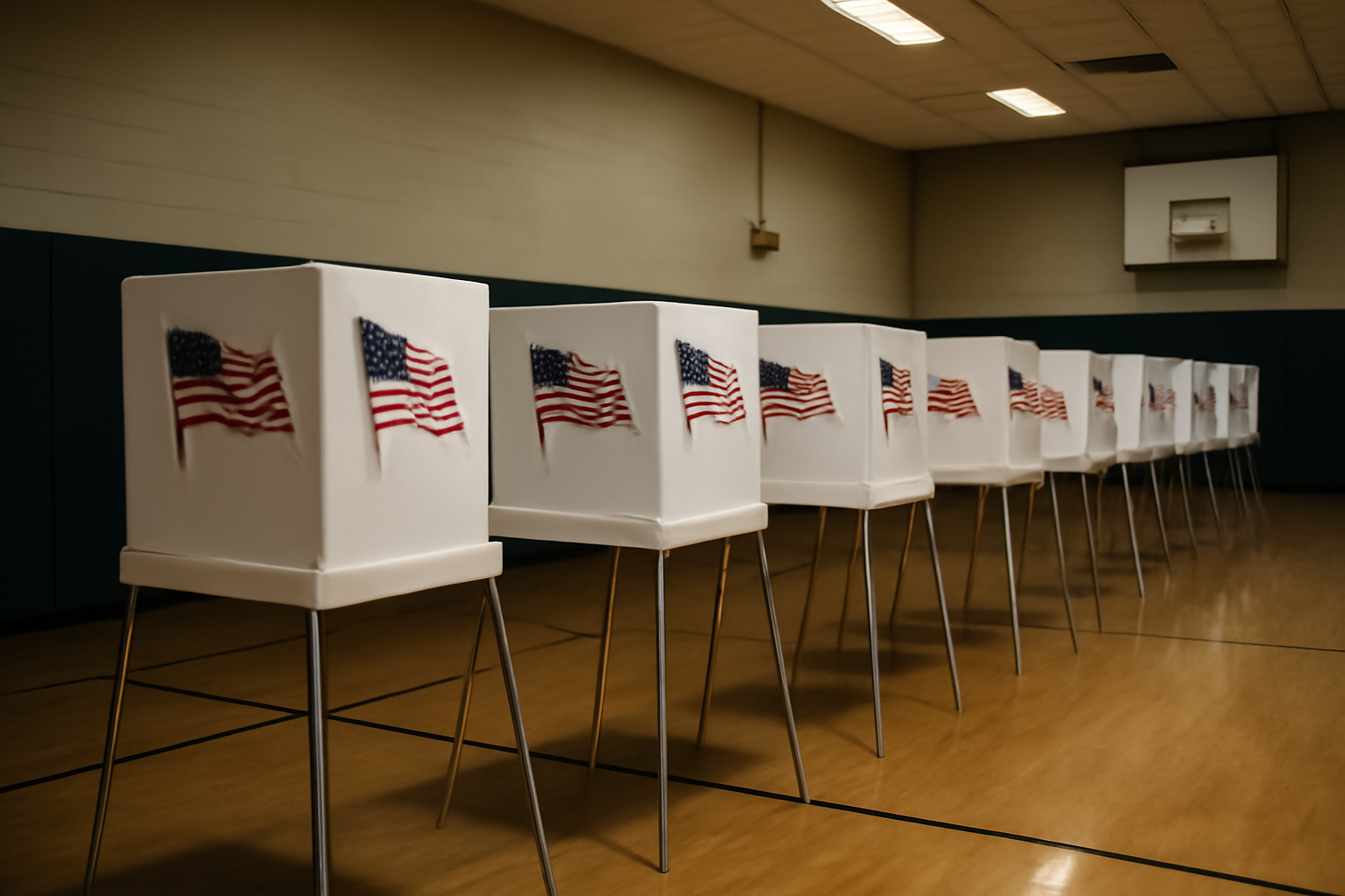 Empty polling booths lined up inside a municipal voting center ahead of midterm elections