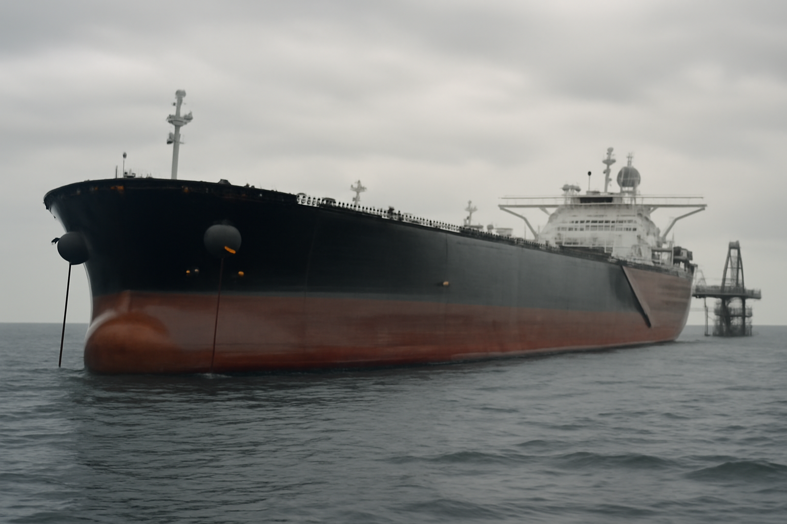 A very large crude carrier supertanker underway at sea near a loading terminal
