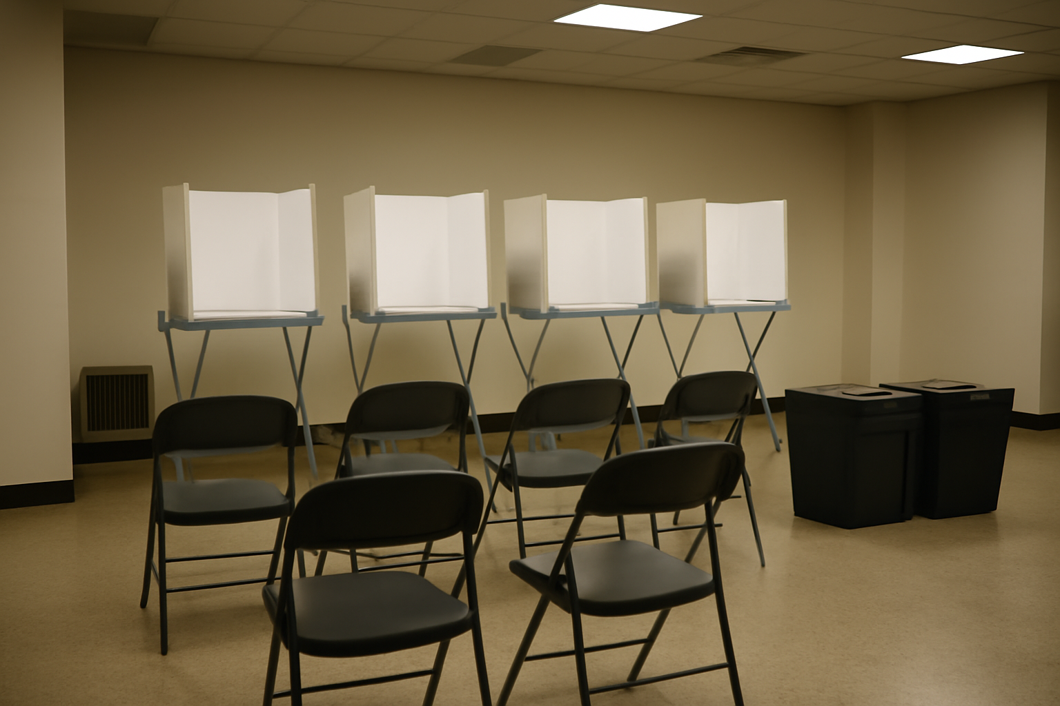 Empty polling station chairs arranged in a row inside a government building in the West Bank