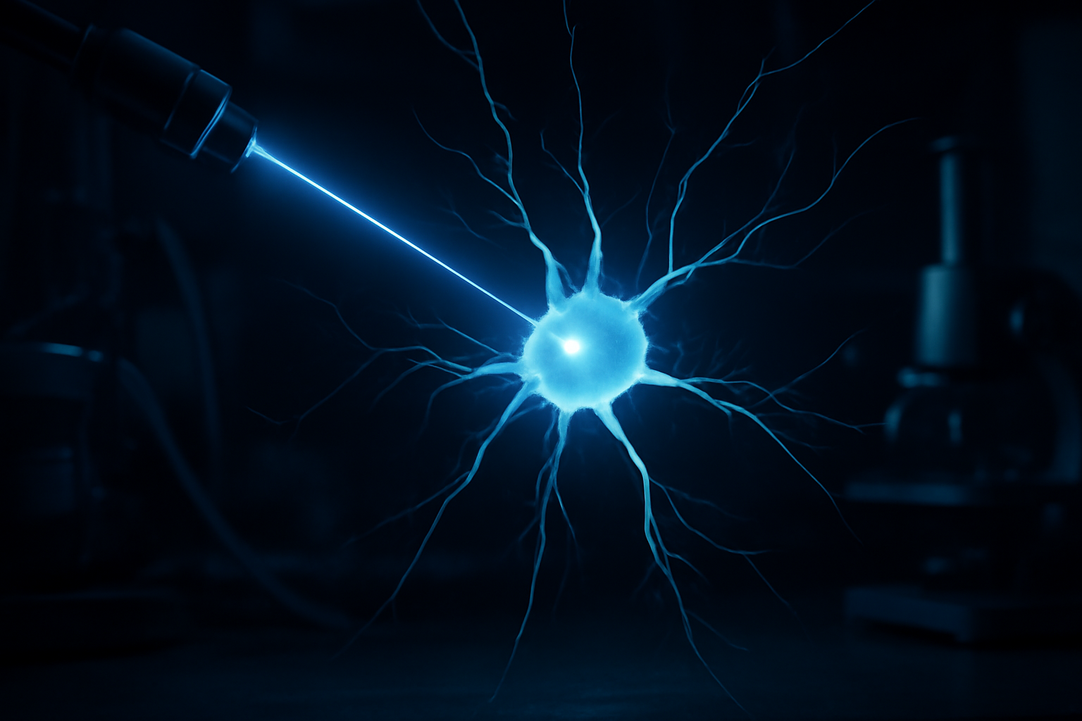 Close-up of a neuron illuminated by a blue light beam against a dark background