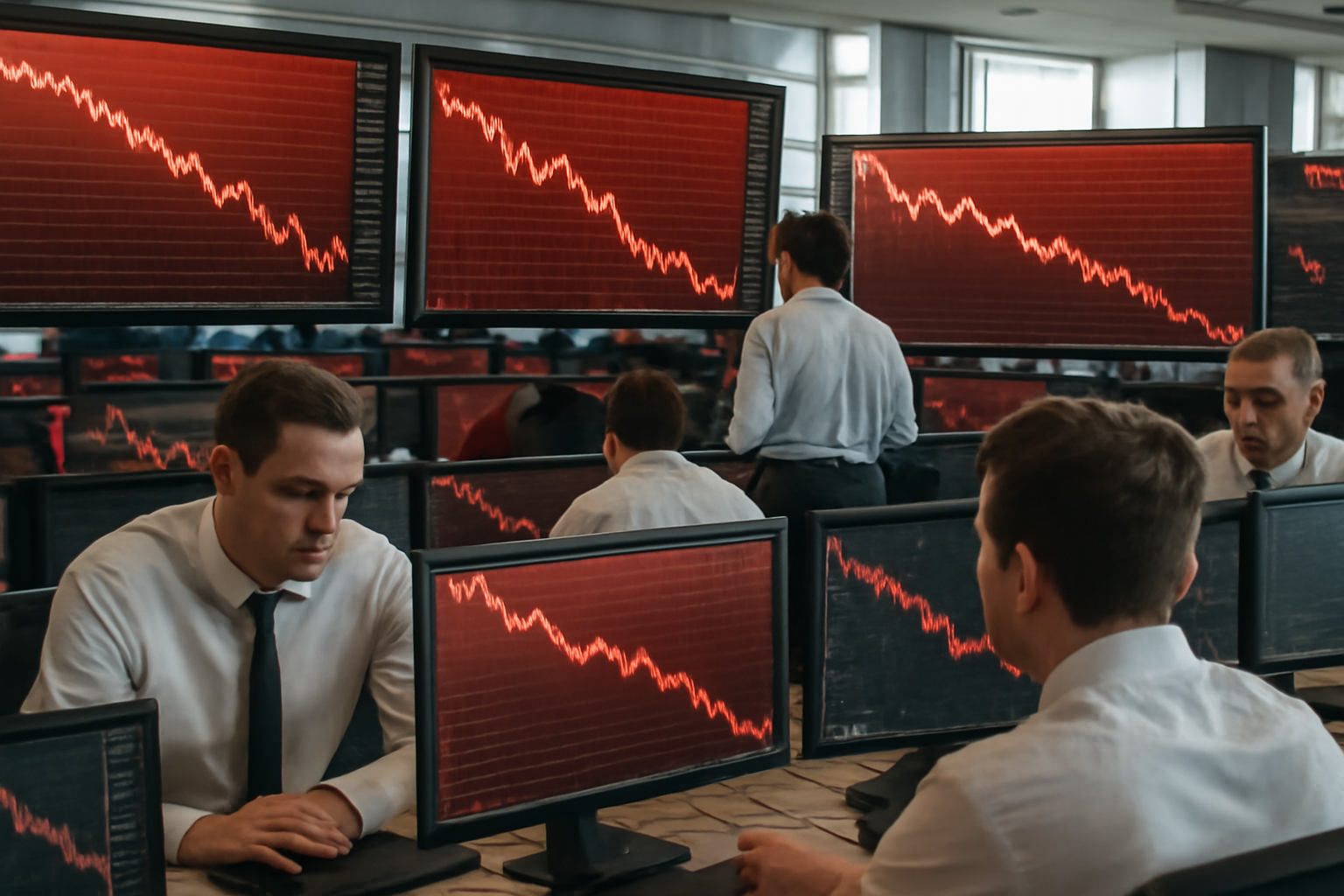 Traders watching stock and bond market screens showing declining numbers on a trading floor