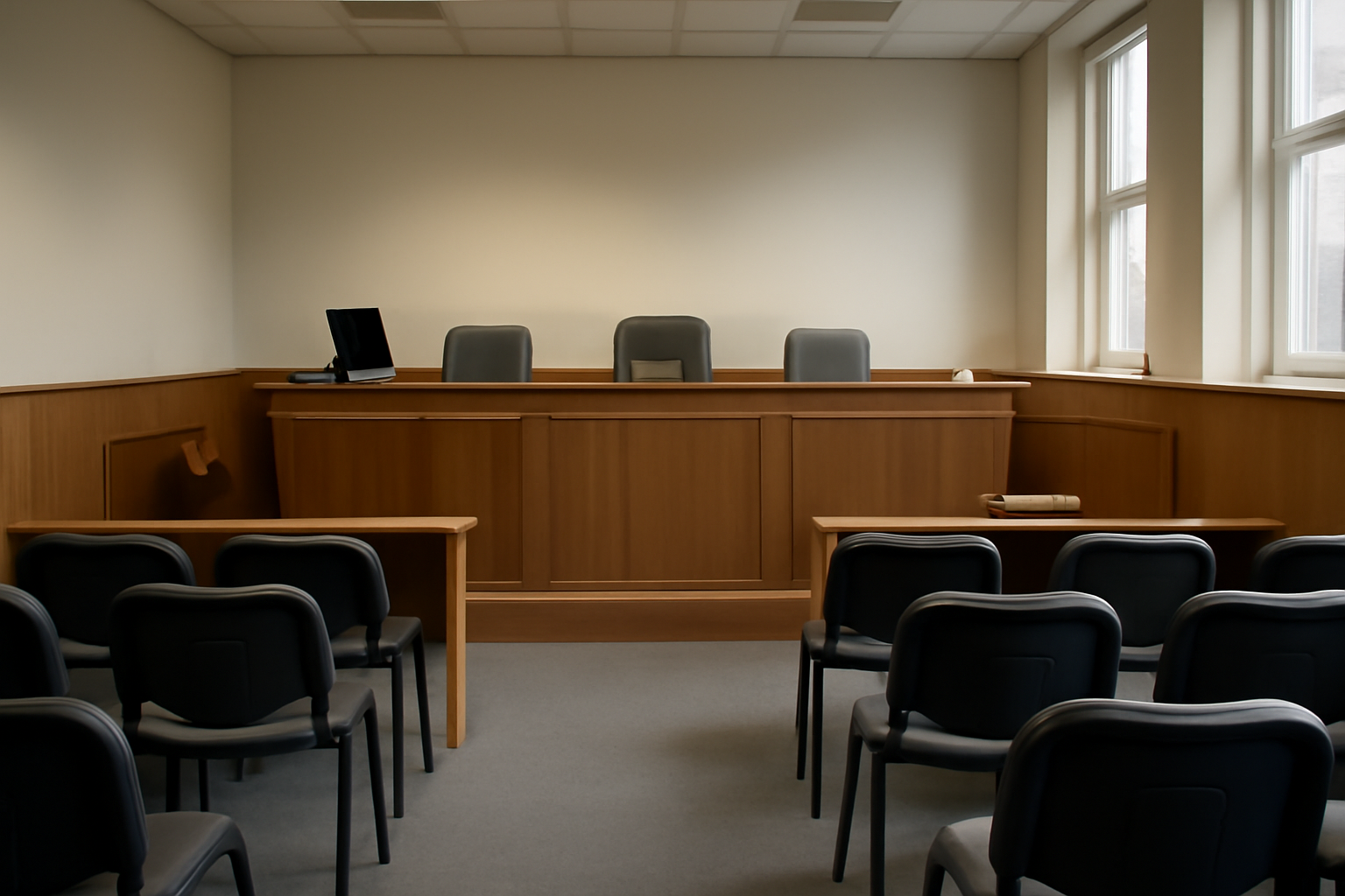 Empty employment tribunal hearing room with rows of chairs and a wood-paneled bench