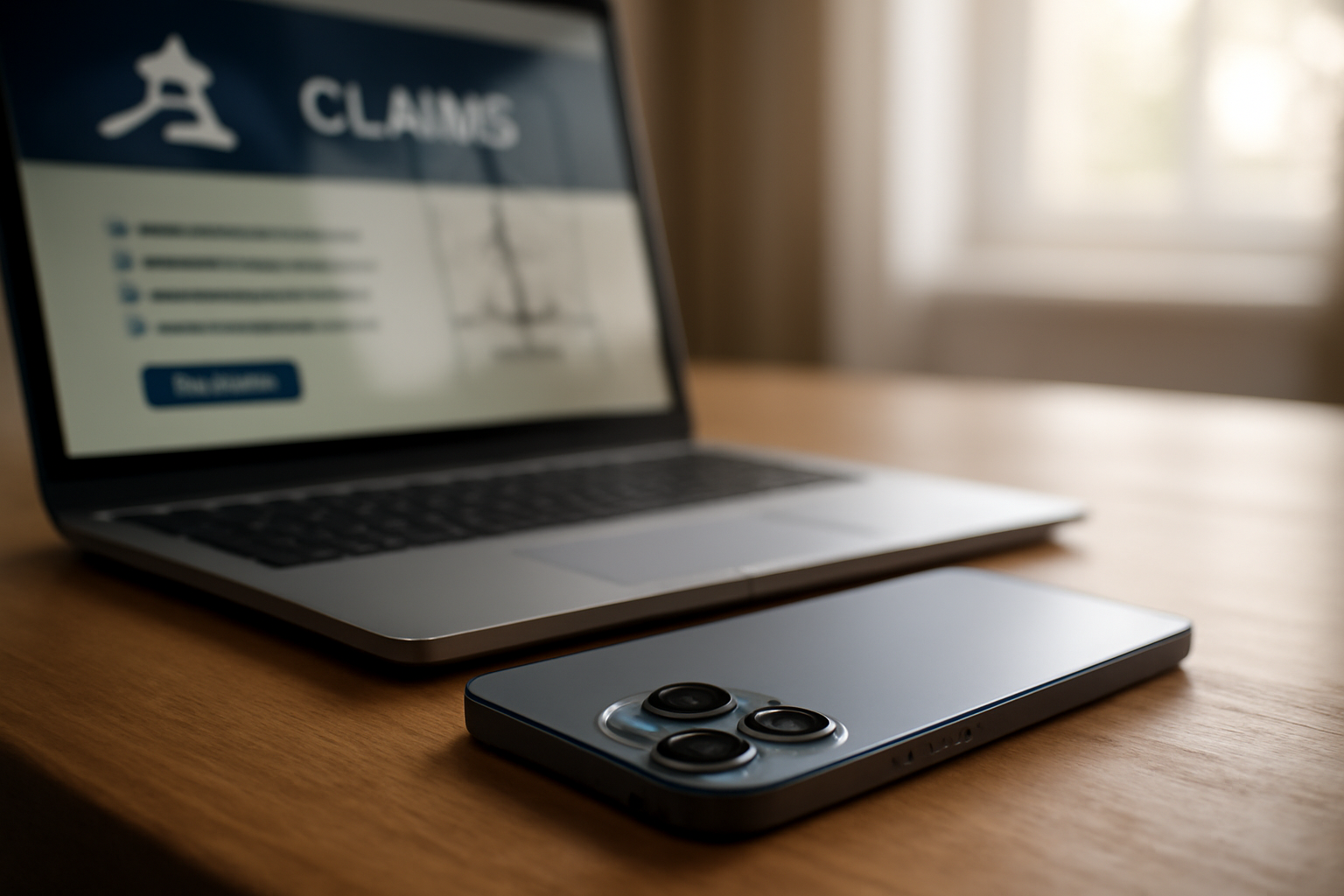 iPhone 16 lying on a desk next to a laptop showing a settlement claim form