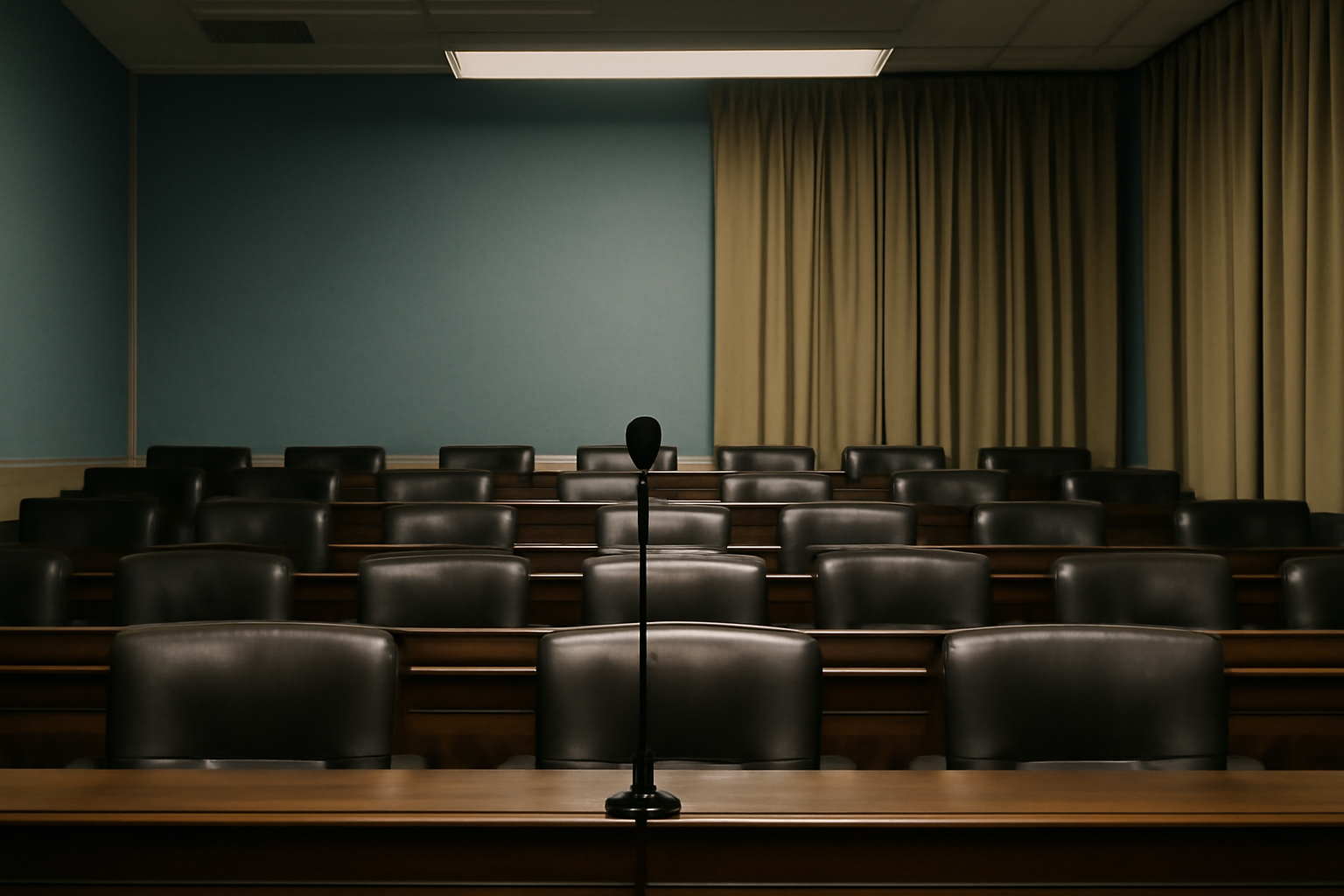 Empty congressional hearing room chairs with a single microphone lit under overhead lights