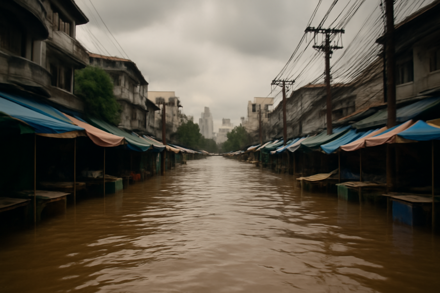 Flooded Bangkok street with waist-high water and people wading past shops