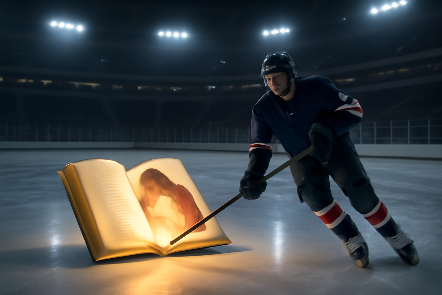 Hockey player skates past a giant open romance novel on the ice under arena lights