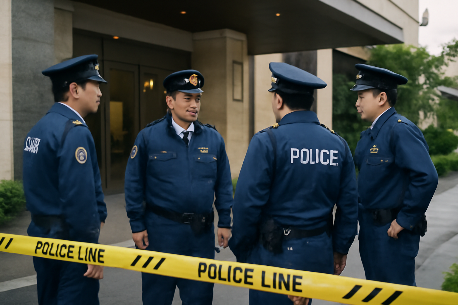 Japanese police officers stand outside a hotel entrance in Naha, Okinawa, during an active investigation