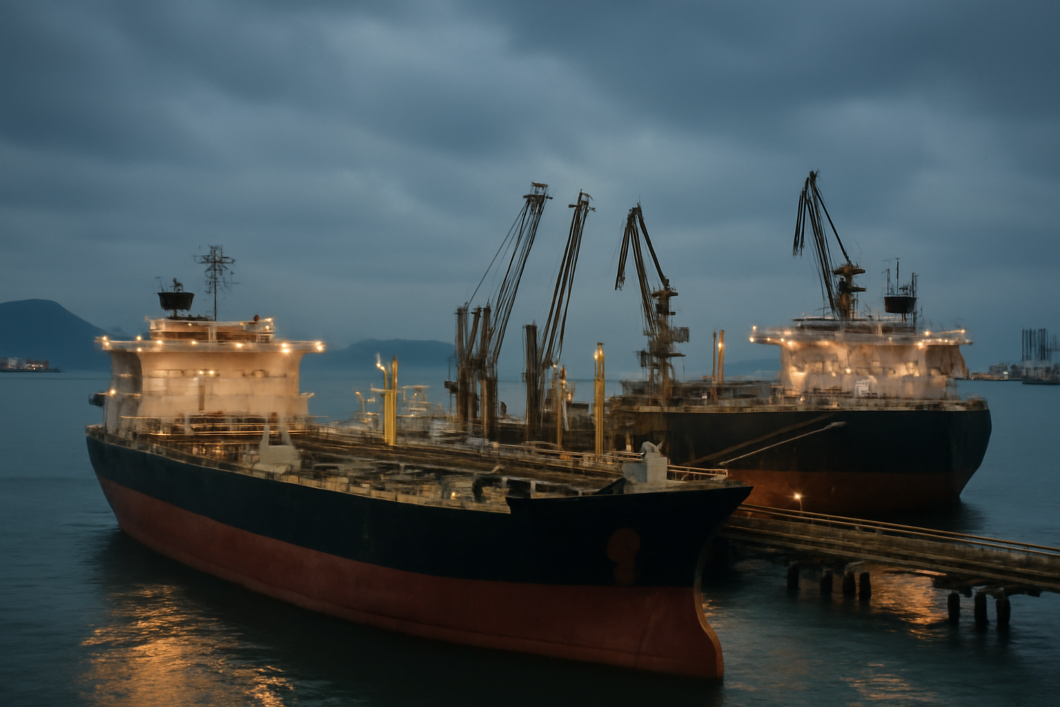 Tanker ships docked at a South Korean port with fuel-loading equipment visible