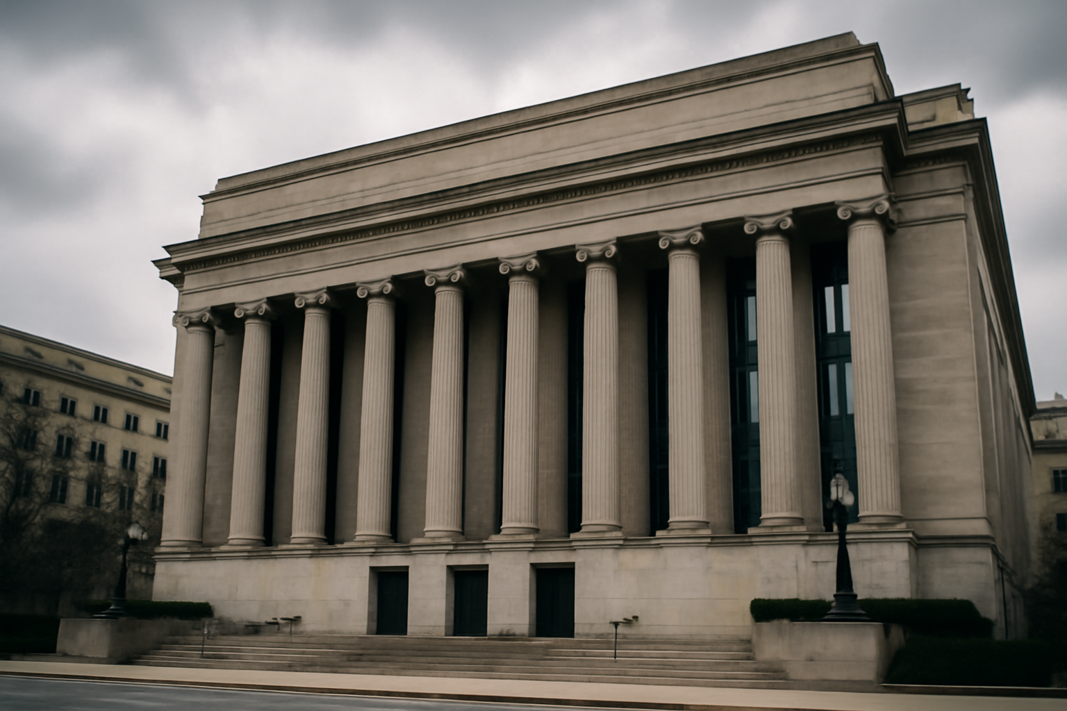 Exterior columns of a federal appeals courthouse building beneath an overcast Washington sky