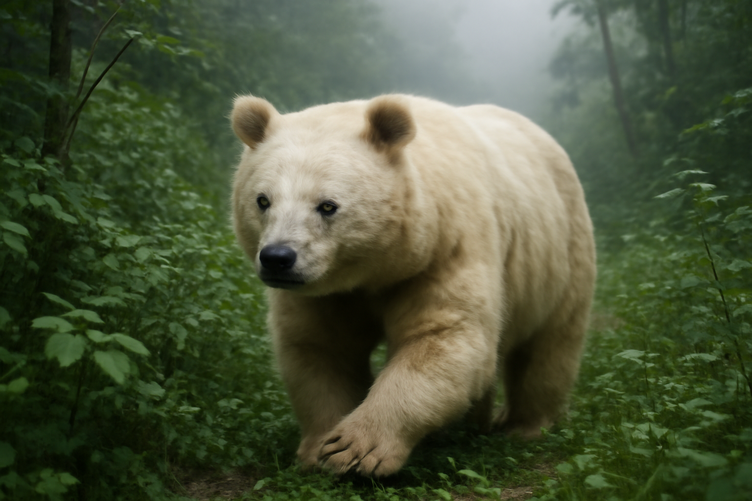 A pale, white-furred Asian black bear standing among dense green forest undergrowth in a mountainous park