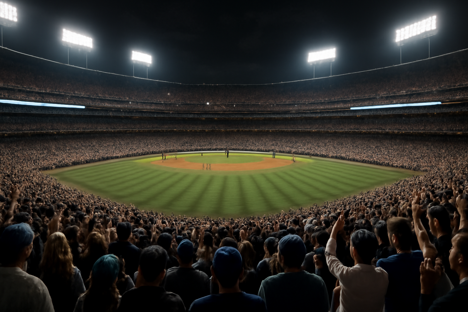Packed baseball stadium crowd cheering under stadium lights during a postseason night game