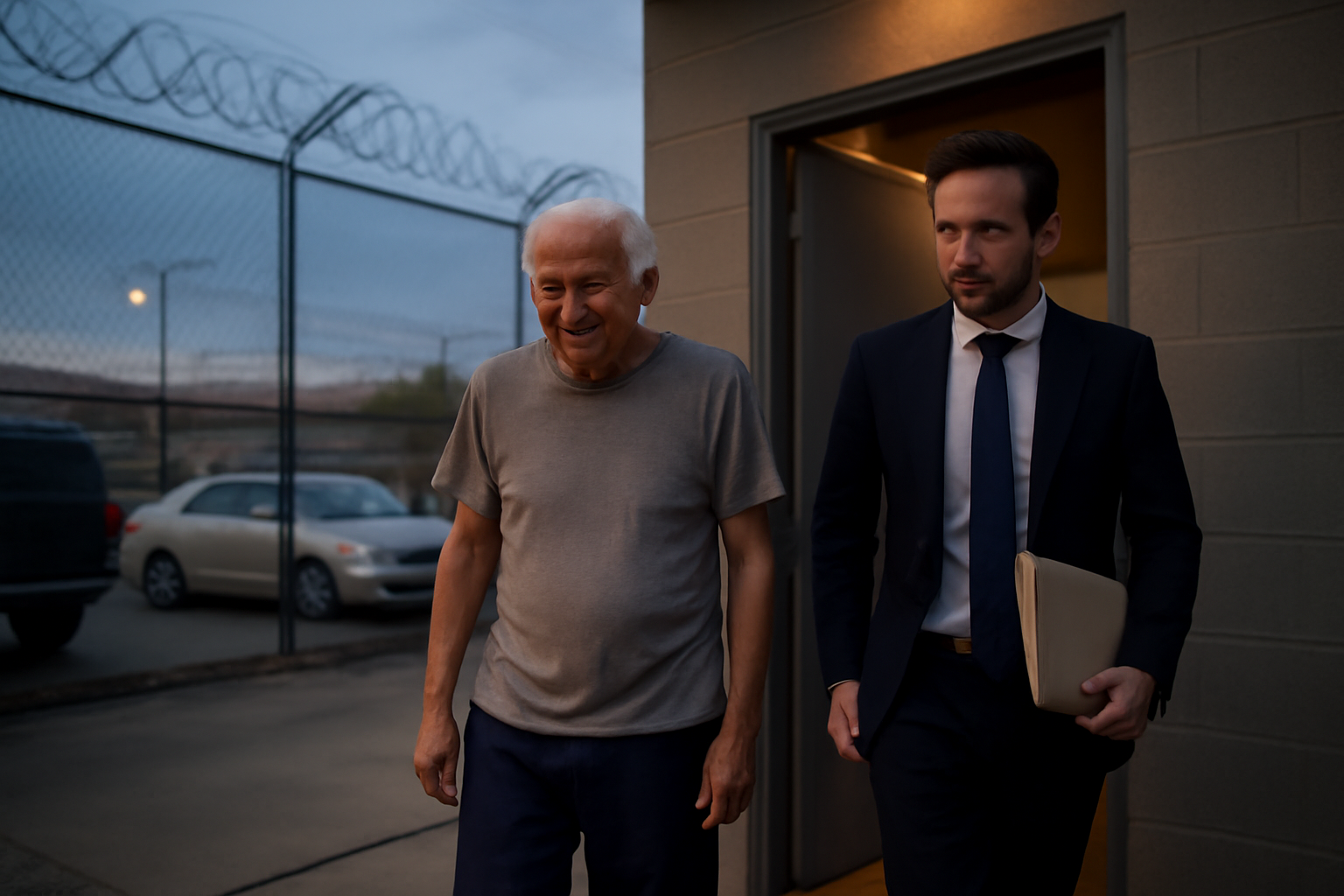 An elderly man in street clothes walking out of a county jail entrance at night flanked by an attorney