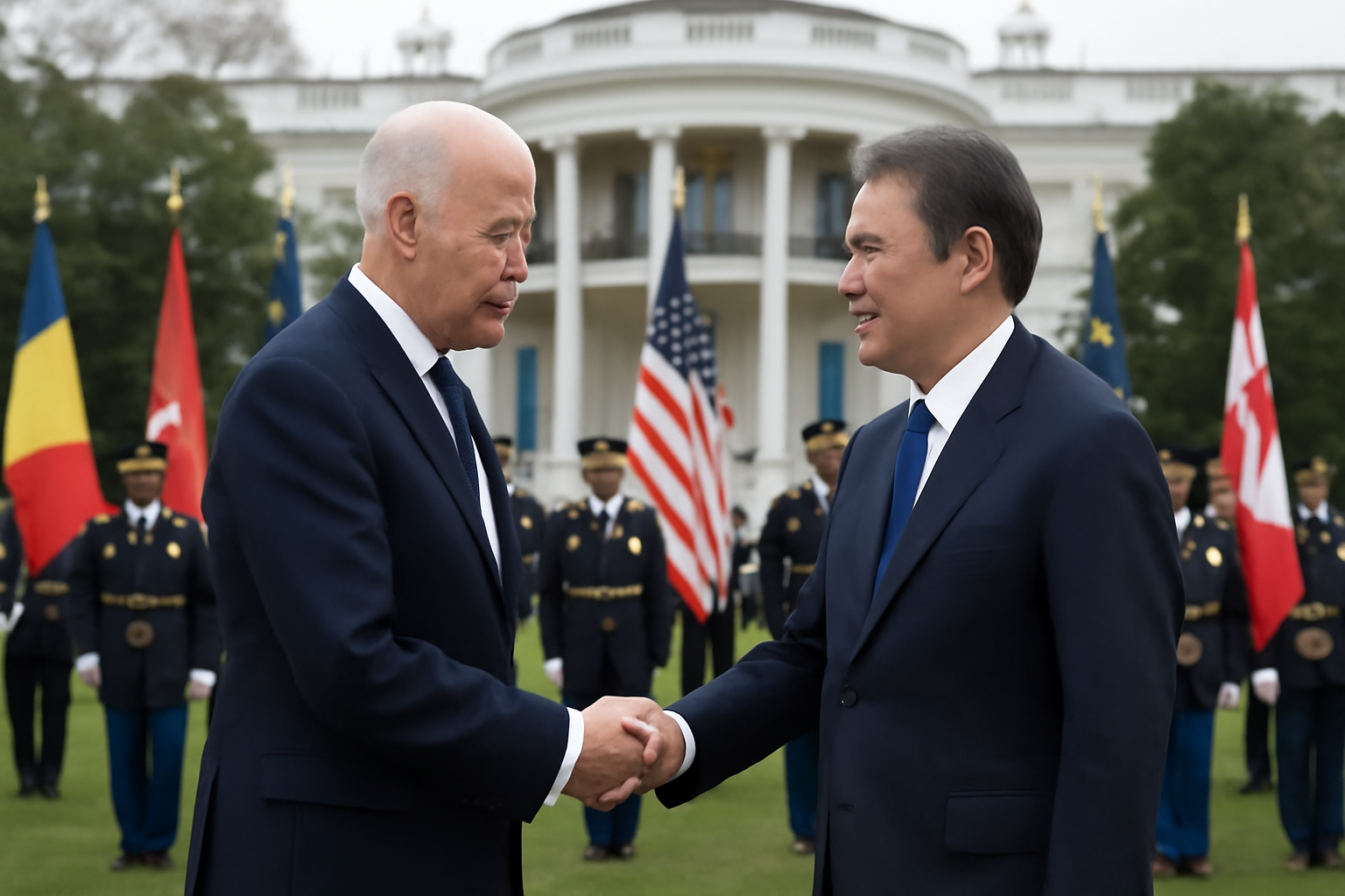 Two national leaders shaking hands on a red-carpeted White House lawn during a formal arrival ceremony