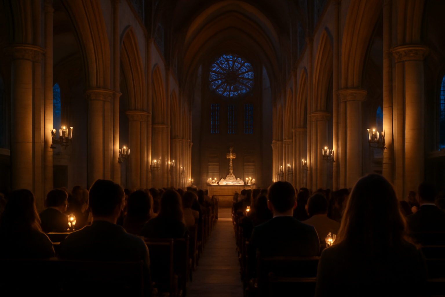 Candlelit church interior in France with young adults gathered for evening Mass