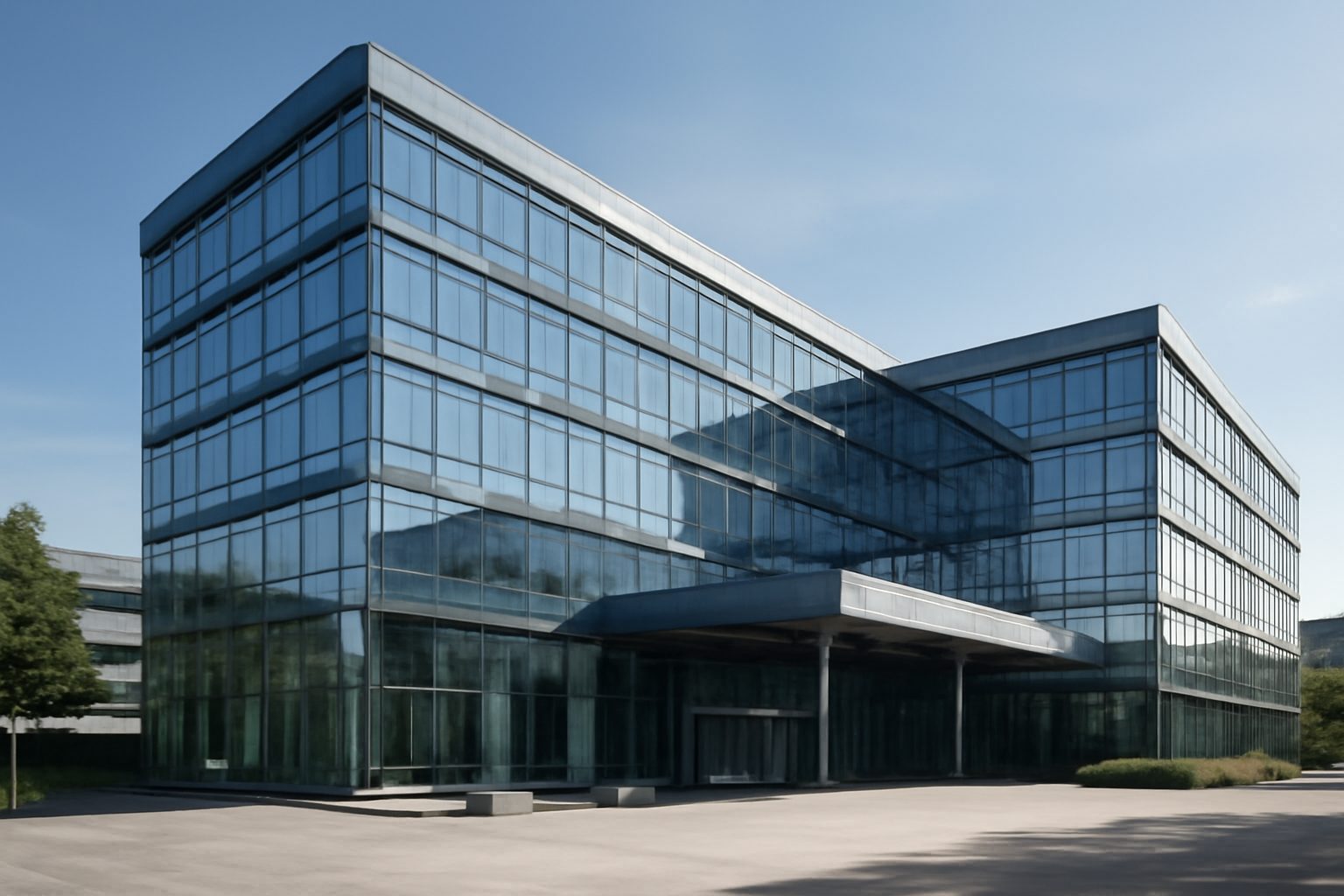 Siemens corporate headquarters exterior with digital data overlays suggesting industrial technology integration