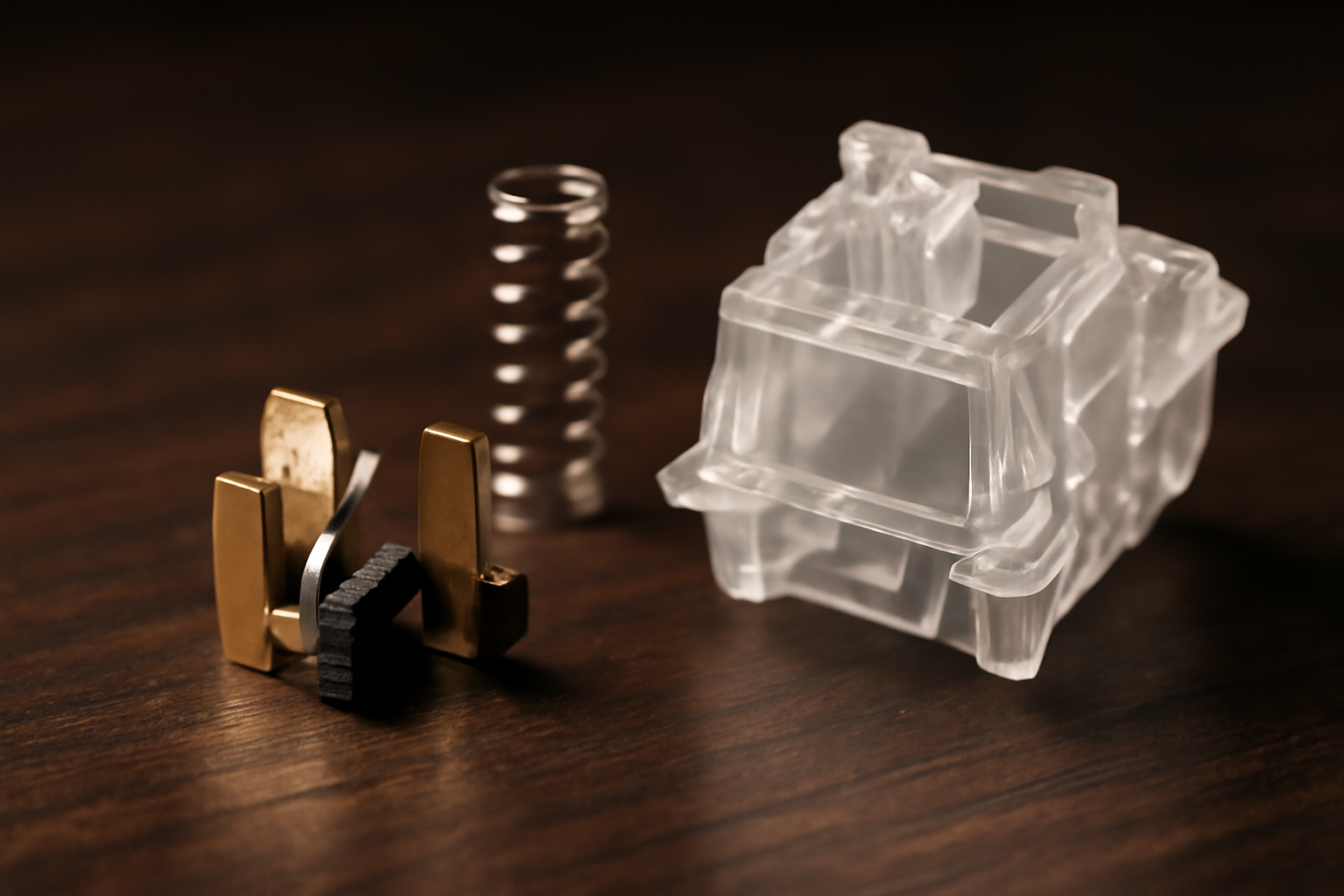 Disassembled mechanical keyboard switch showing metal contact leaves and spring