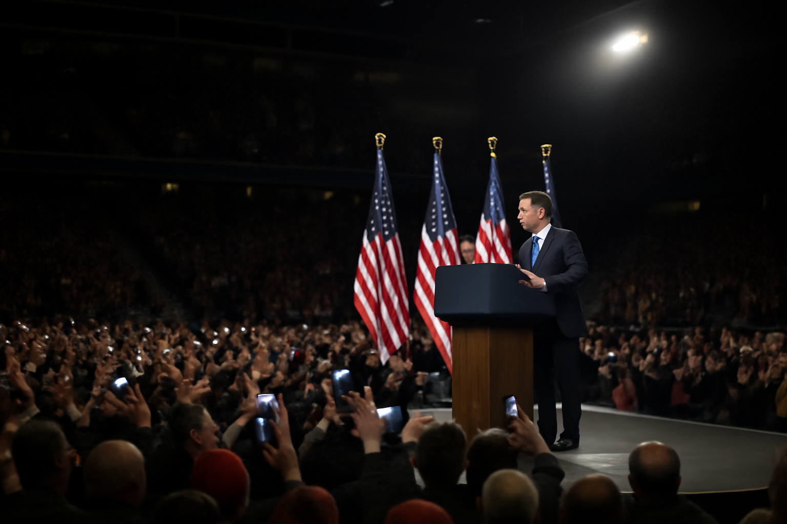 President Trump speaking at a podium during a campaign rally in Syracuse, New York