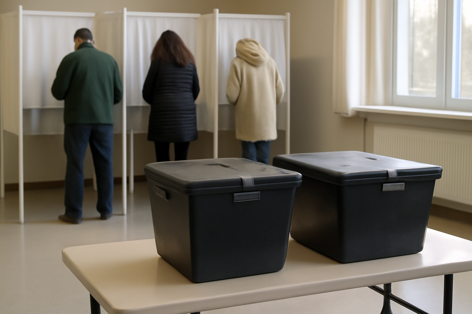 Ballot boxes and voting booths in a polling station