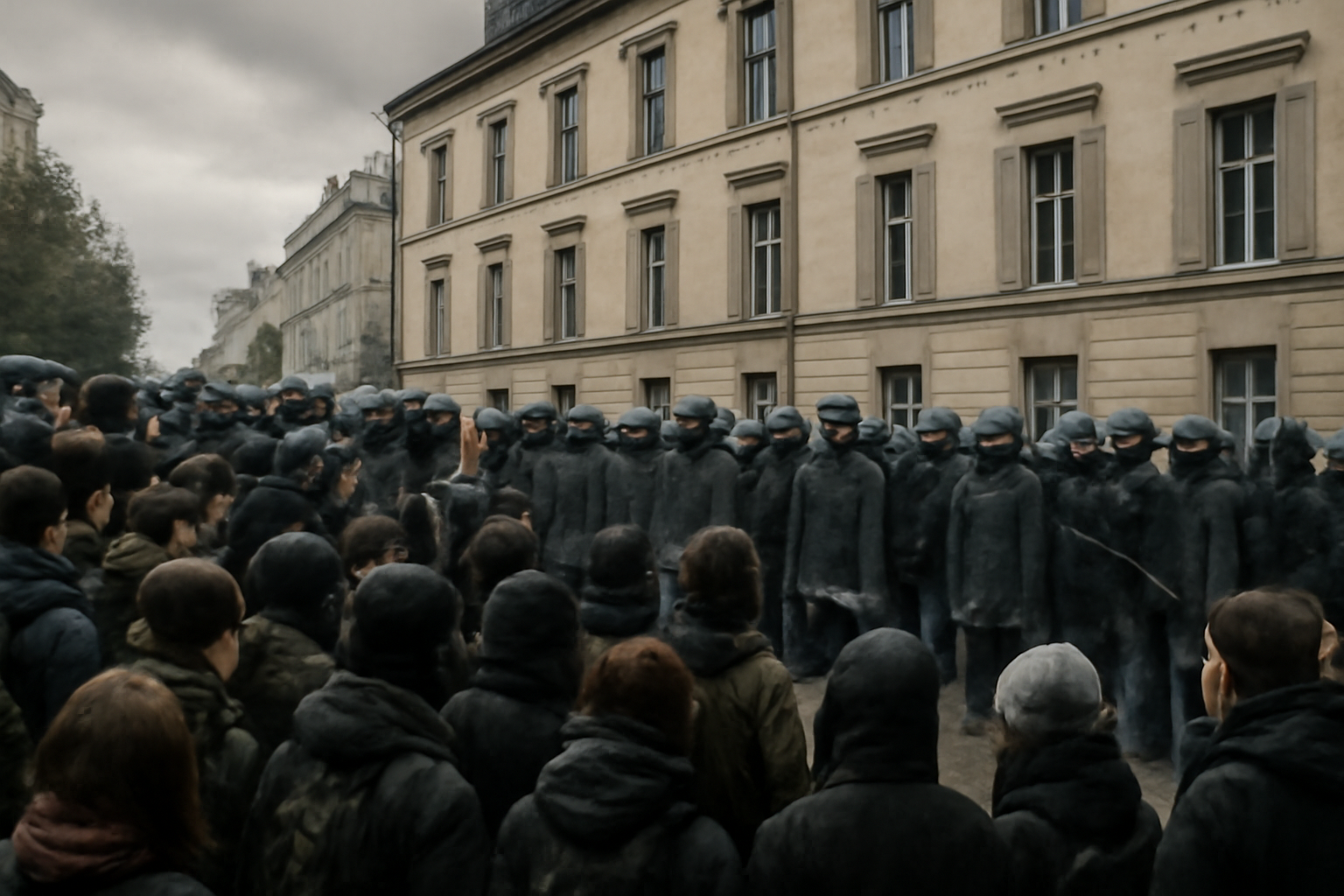 Protesters and police face off on a Paris street near a school building