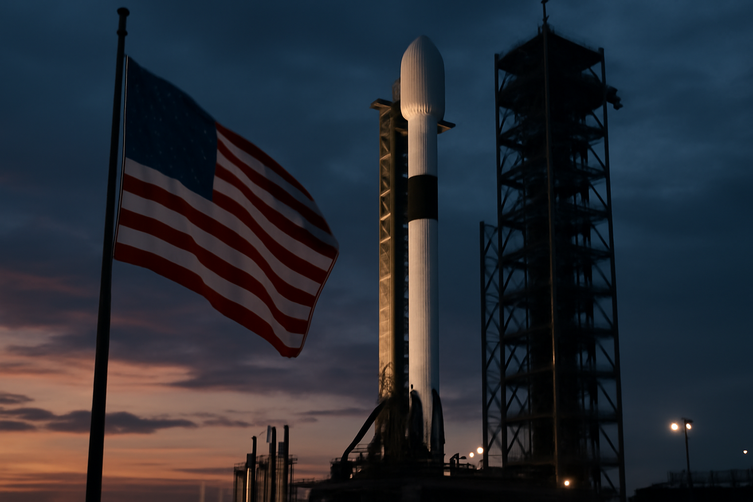 SpaceX rocket on a launch pad with American flag in foreground
