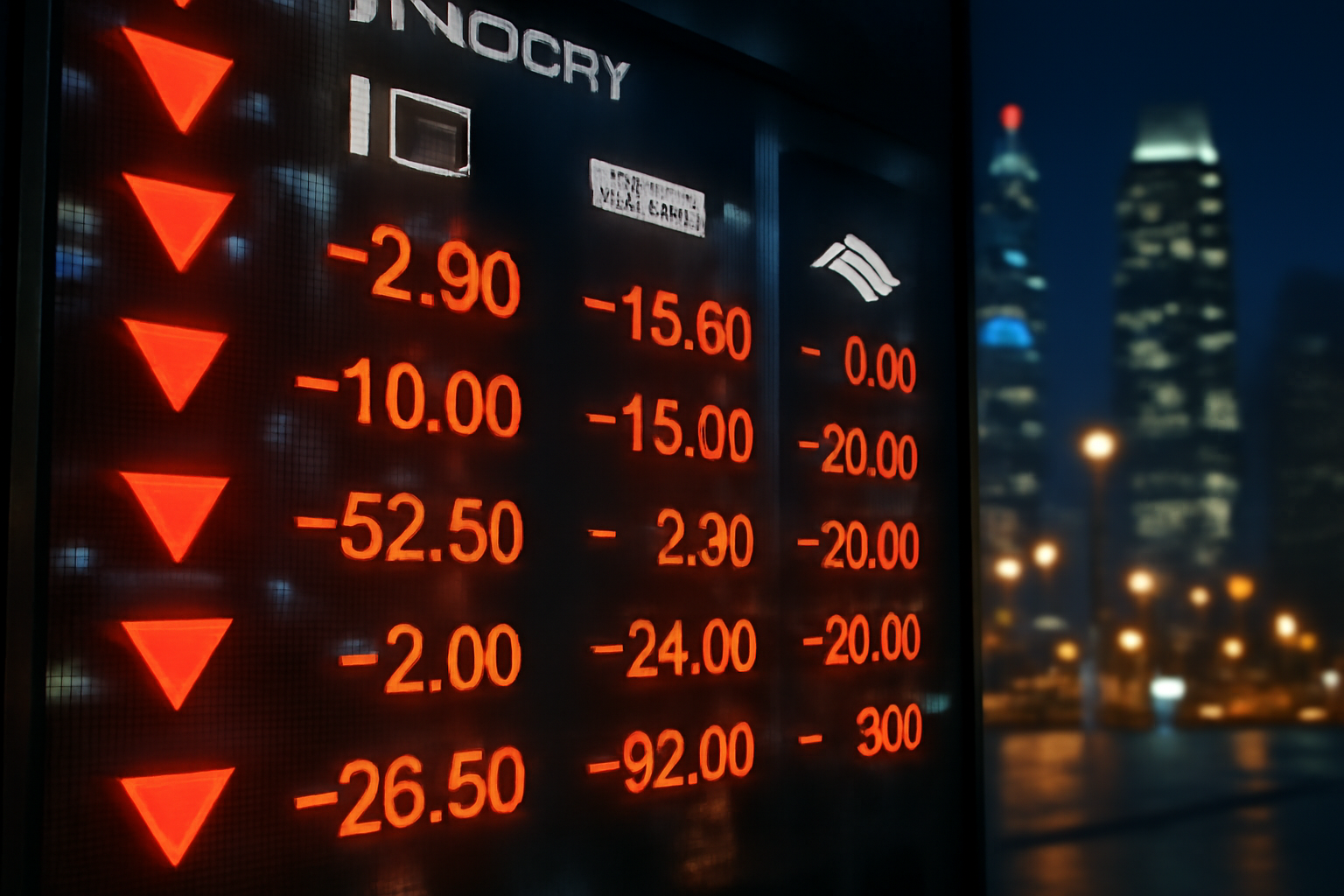 Electronic stock board showing falling chip-sector share prices in an Asian trading venue