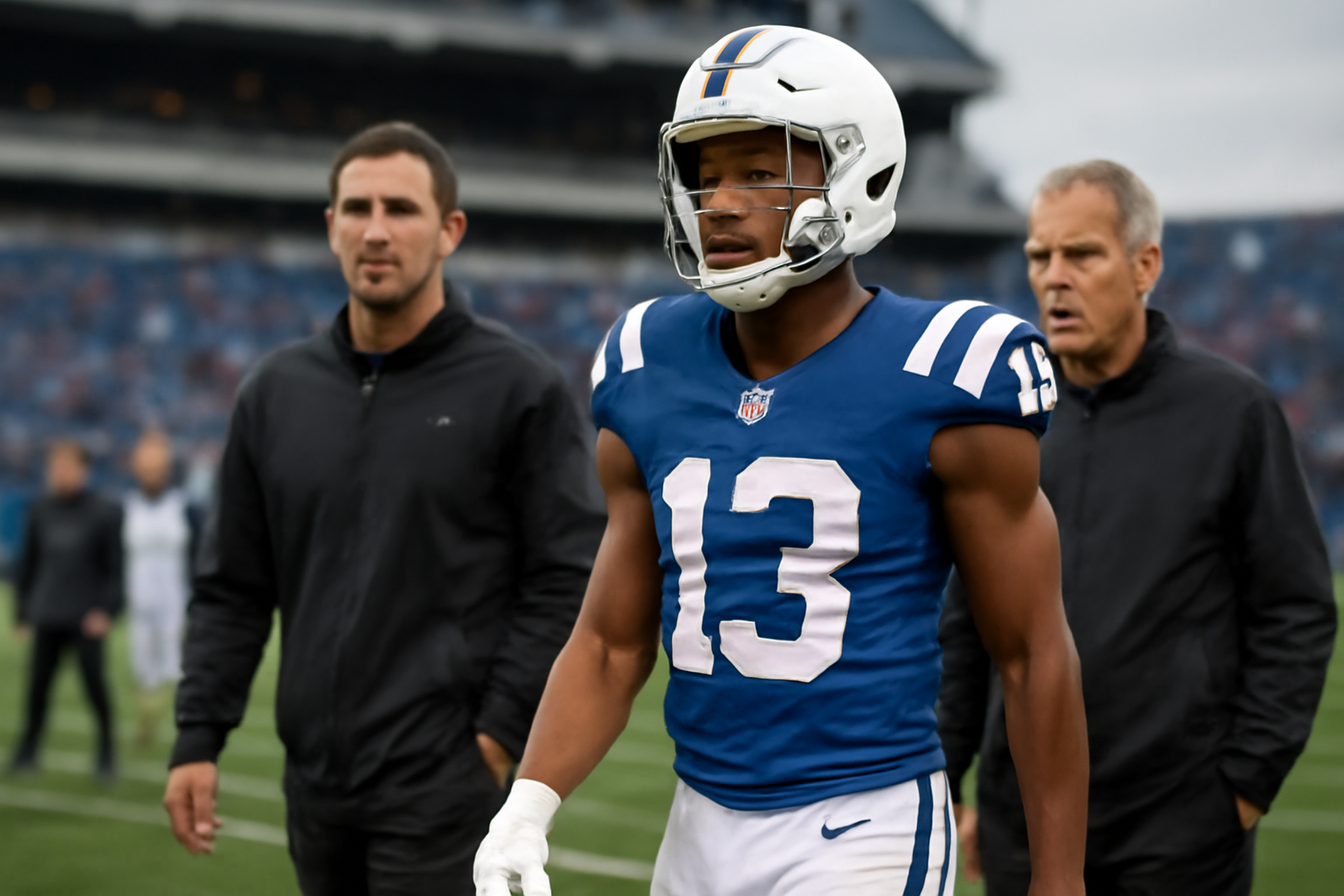 Indianapolis Colts wide receiver standing on the sideline in warm-up gear before an NFL game