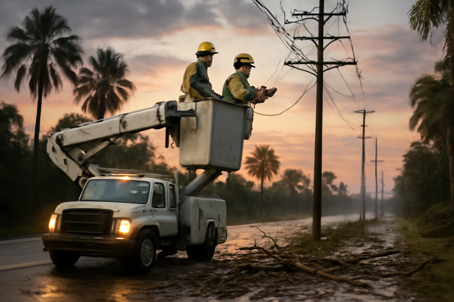 Utility linemen working on power lines along a debris-covered Florida roadway before sunrise