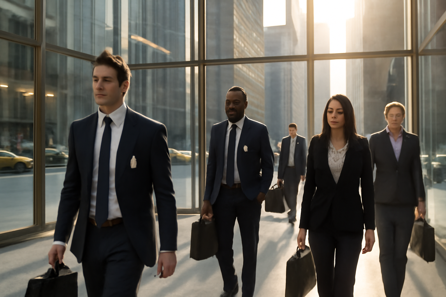 Young finance professionals in business attire walking through a Manhattan office lobby during morning rush hour
