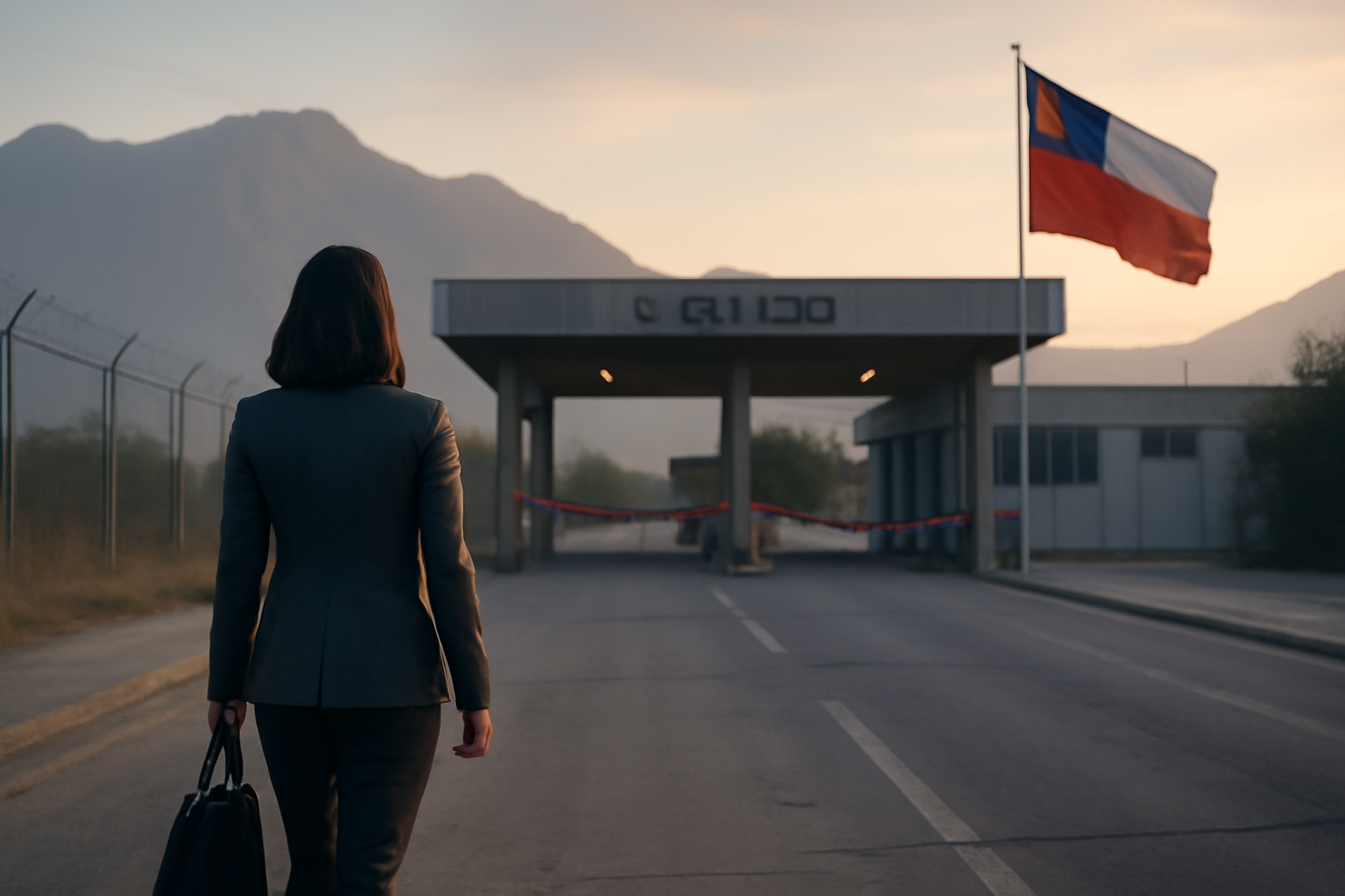 A woman walks toward a border crossing gate with mountains in the background, suitcase in hand