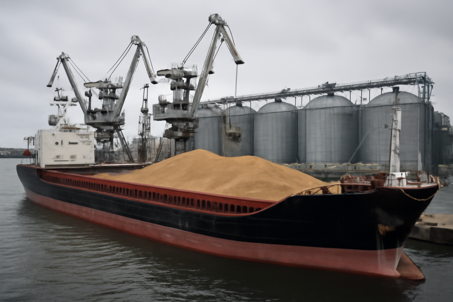 Cargo ship loaded with grain containers docked near a Black Sea port under overcast skies