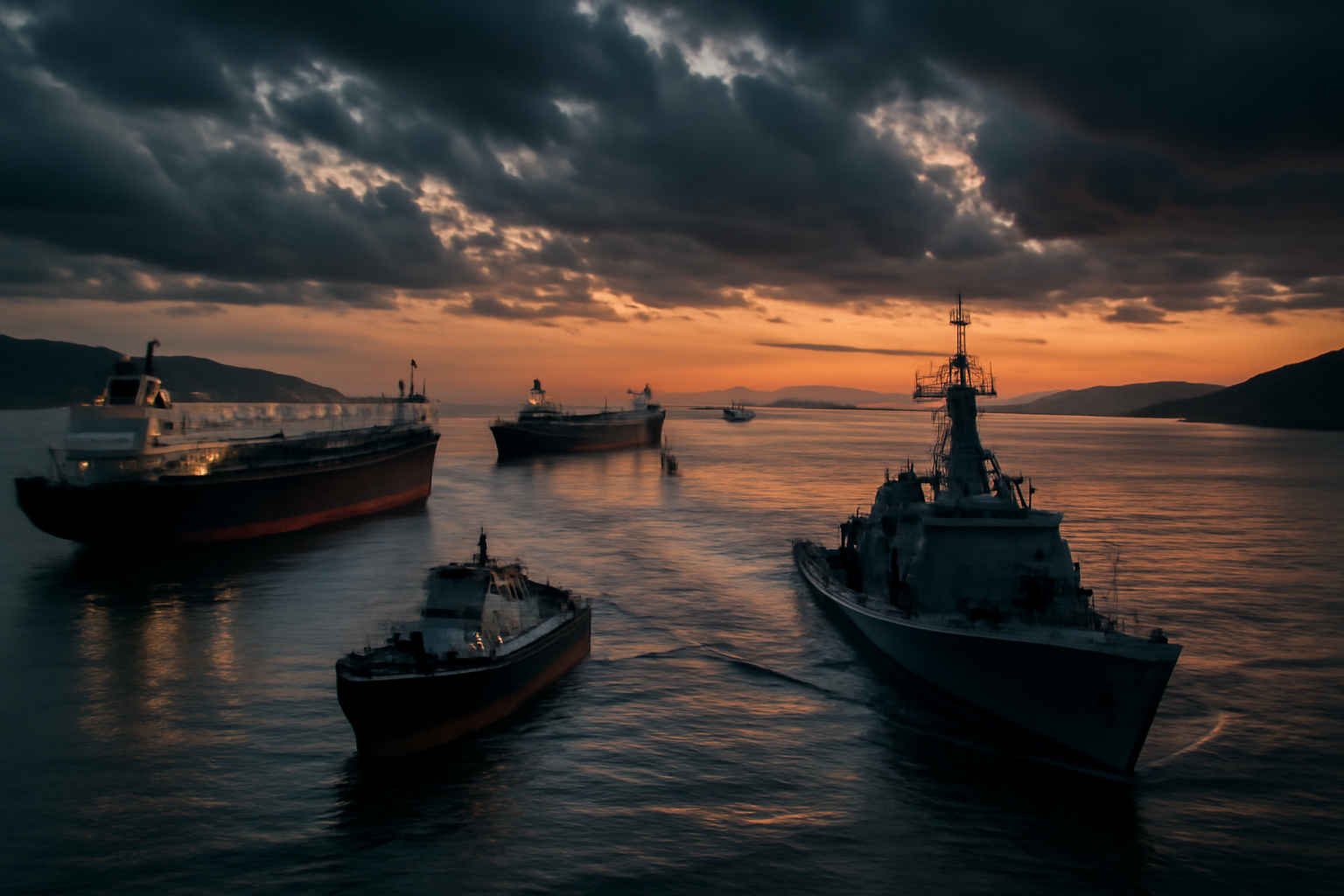 Cargo tanker ships queued in a narrow strait waterway at dusk with military patrol vessels nearby