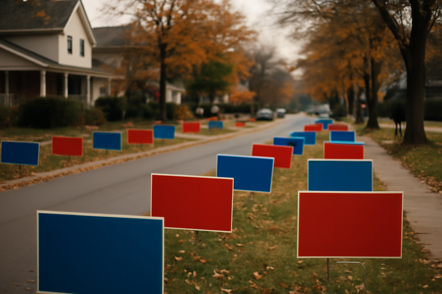 Campaign yard signs for competing candidates lining a suburban street before an election