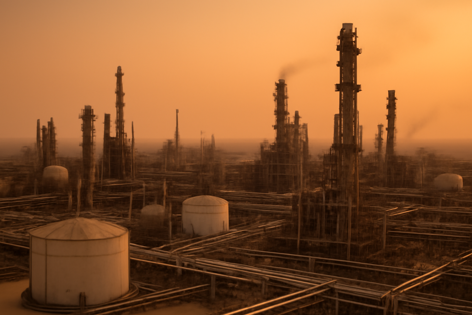 Industrial oil refinery towers and pipelines under a hazy desert sky at dusk