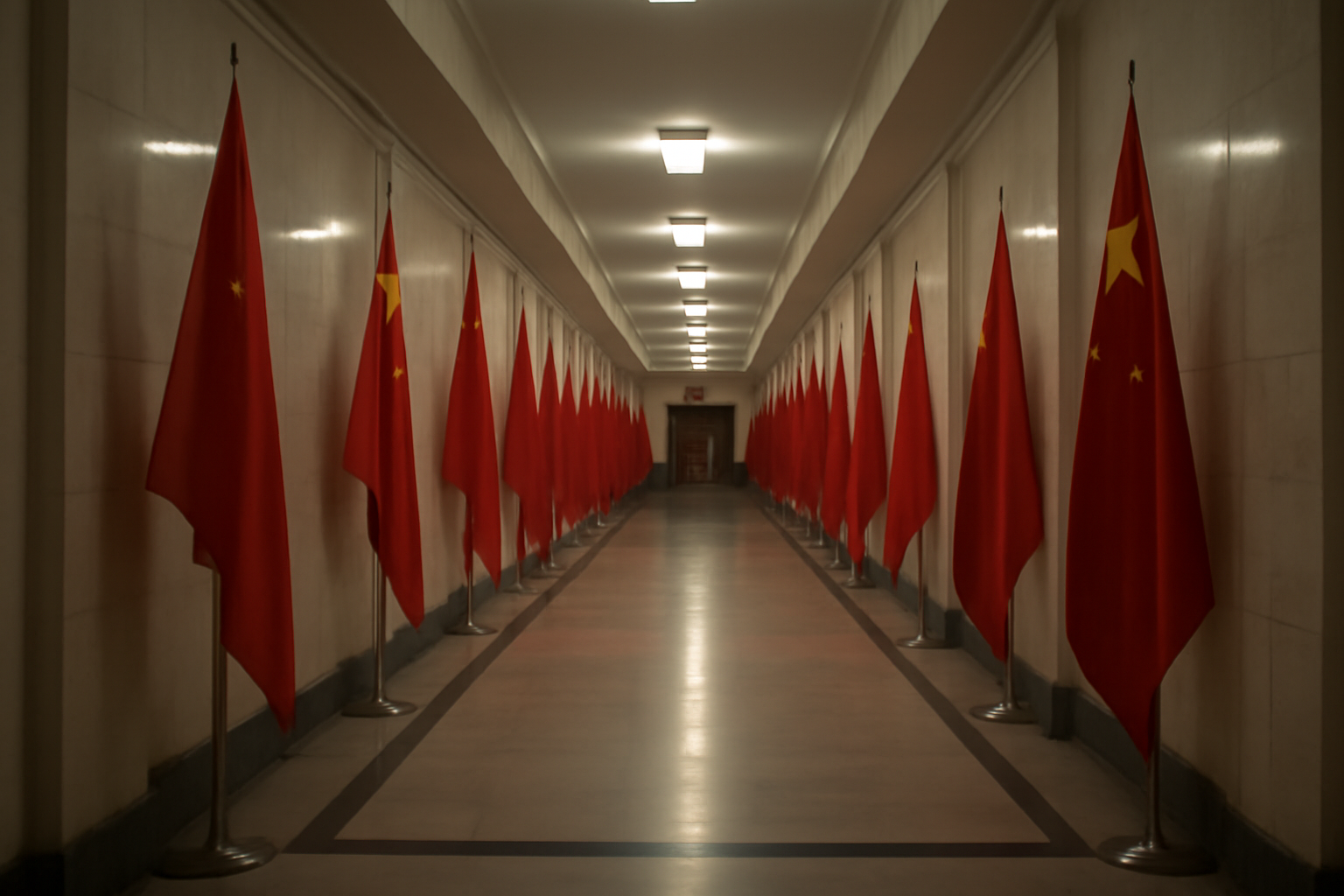 Empty Great Hall of the People corridor in Beijing with red flags lining a marble hallway