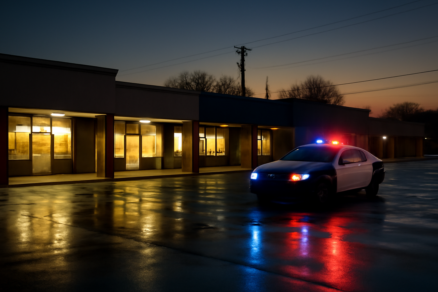 A police cruiser parked outside a small-town Mississippi storefront at dusk with emergency lights reflecting on wet pavement