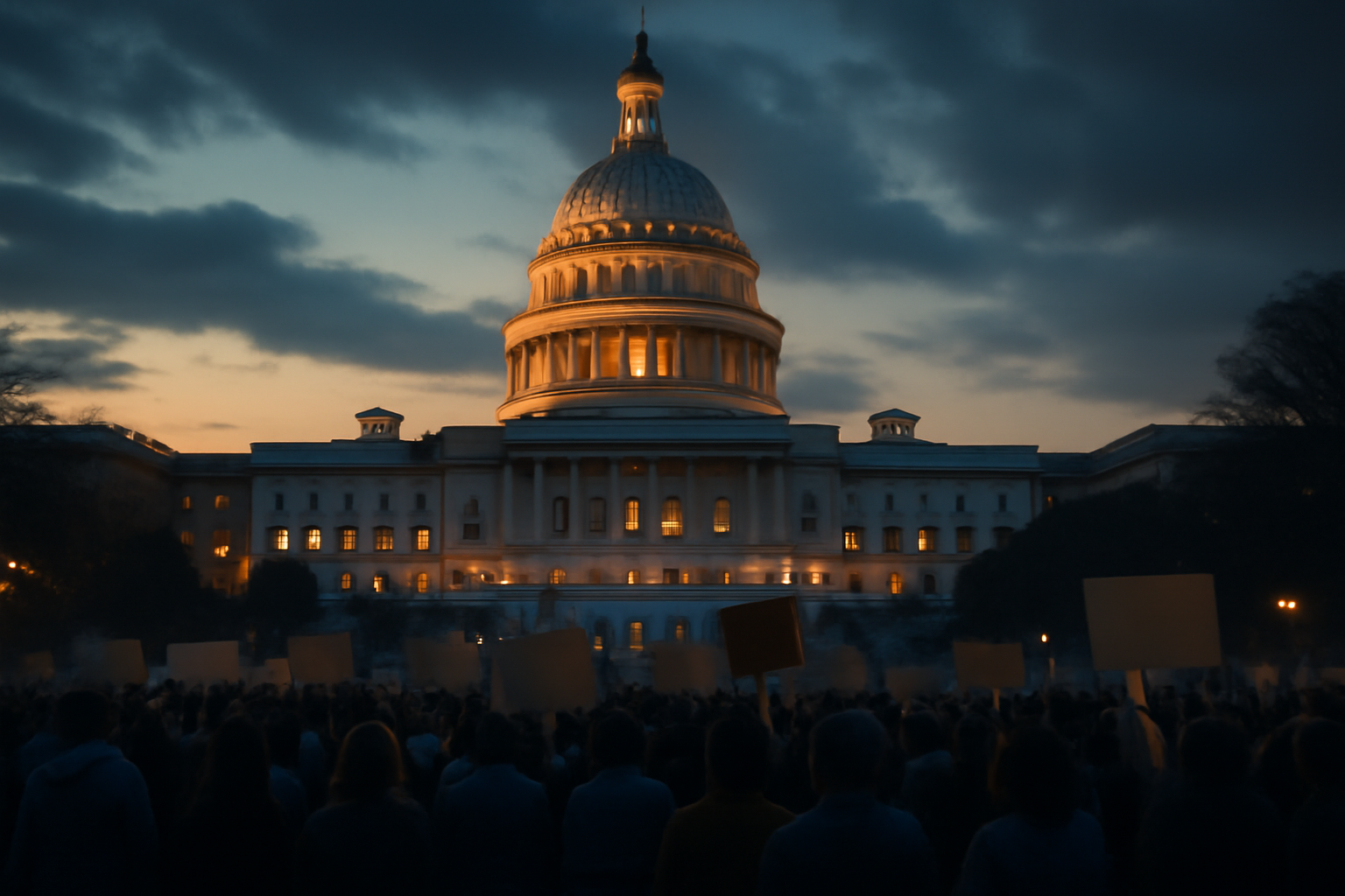 Capitol dome at dusk with a divided crowd holding contrasting signs below